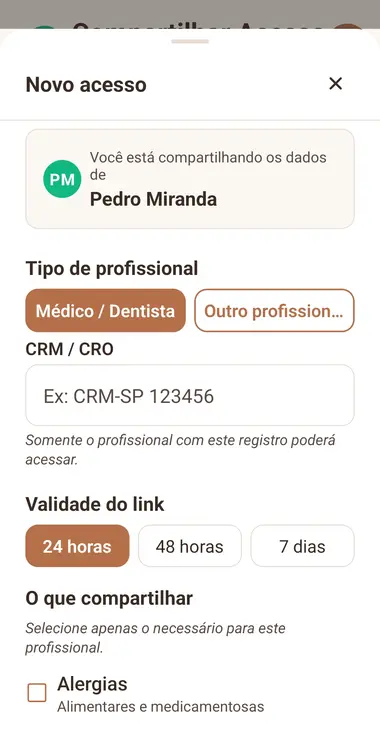 Tela Novo acesso: tipo de profissional, CRM, validade do link e o que compartilhar