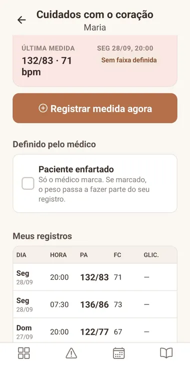 Tela Cuidados com o coração: última medida e registros de pressão