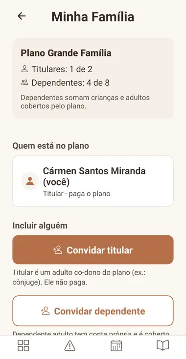 Tela Minha Família com titulares e dependentes