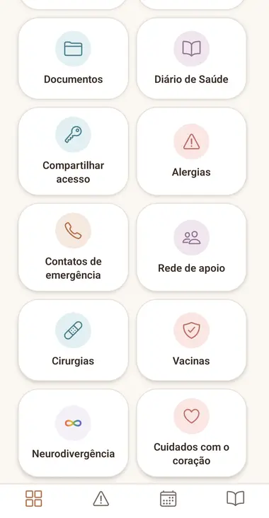 Grade de módulos: documentos, diário, vacinas, neurodivergência, coração